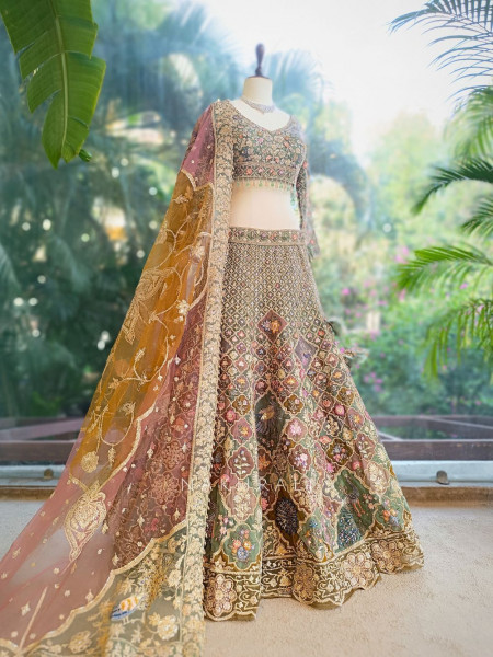 Kivra Green Lehenga Set with Multicolor Embroidery and Dupatta