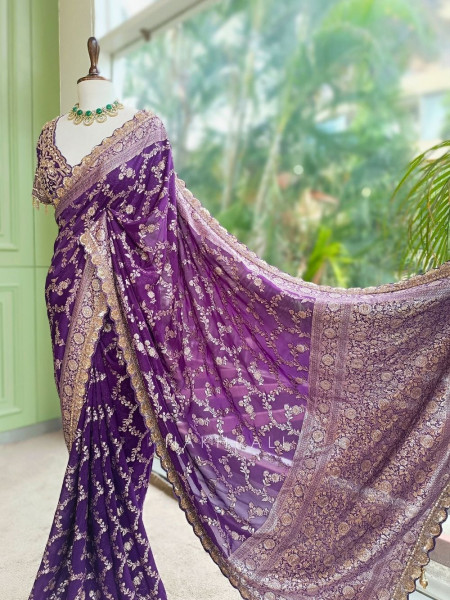Tarangini Purple Banarasi Silk Blend Saree with Readymade Blouse