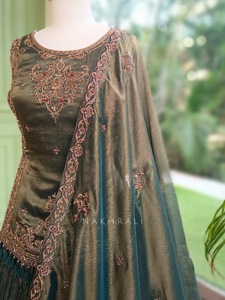 Twilight Moss Olive Green Metallic Tissue Silk Indo-Western Lehenga