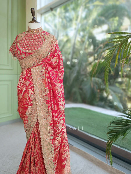 Kundan-Crested Red Banarasi Katan Silk Saree with Readymade Blouse