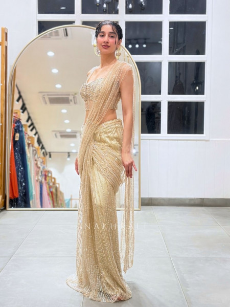 Meridian Beige Tulle Net Pre-Stitched Drape Saree