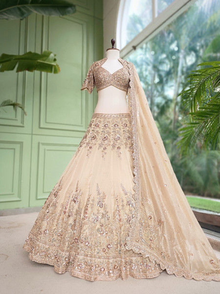 Tvarika Beige Tissue Organza Bridal Lehenga With Zardozi Tilla & Scalloped Work