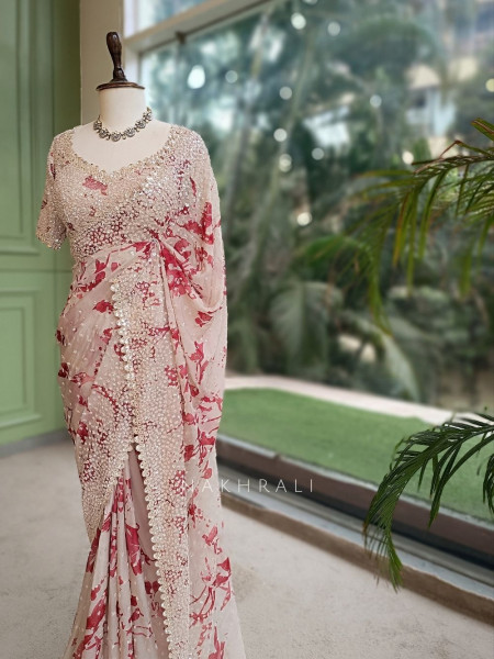 Scarlet Cream Saree with Floral Print & Heavy Embellished Readymade Blouse