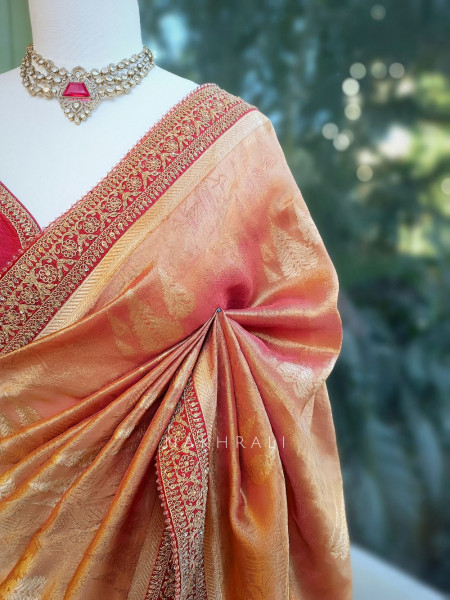 Golden Peach Banarasi Saree with Zari Weave & Embroidered Border
