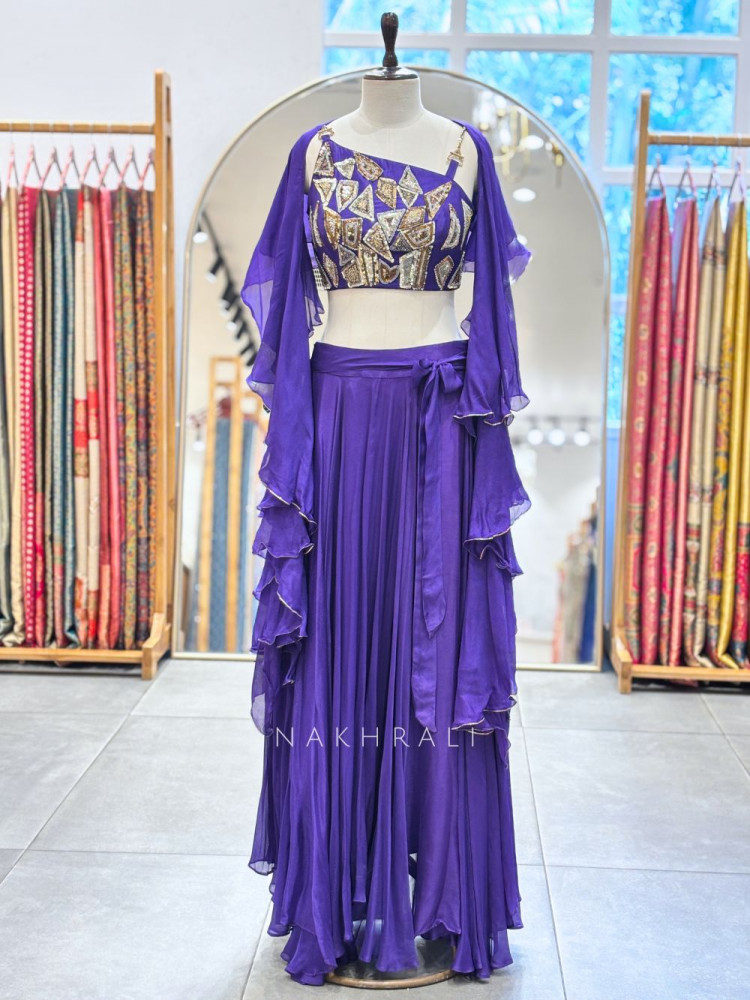 Image of Noirya Purple Indo Western Drape Skirt Set with Sequin Work