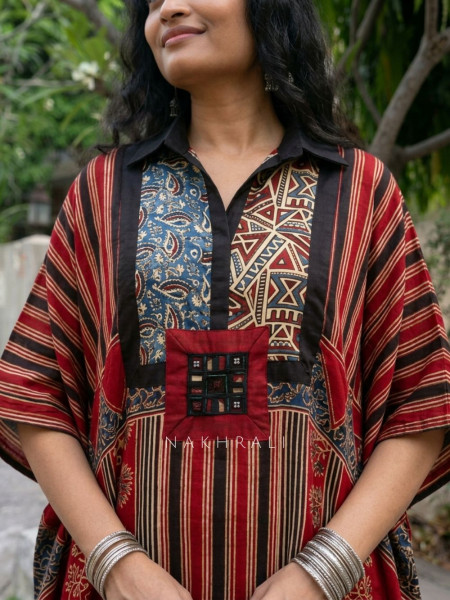 Boho Canvas Blue Printed Kaftan Dress