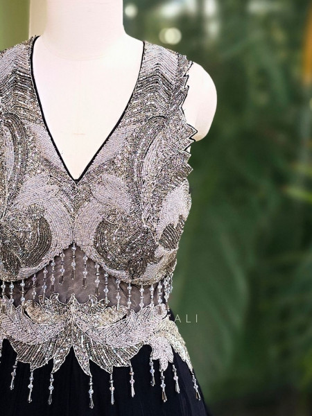 Zyra Black Gown with Cut Dana and Sequin Embroidery