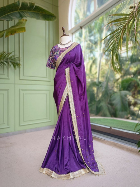 Rati Purple Saree with Gota Patti Border & Multicolor Embroidered Readymade Blouse