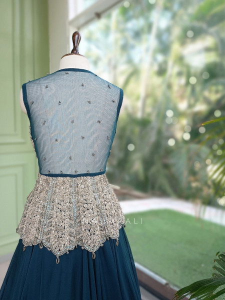 Seravelle Teal Green Net & Georgette Indo-Western Peplum Lehenga Set