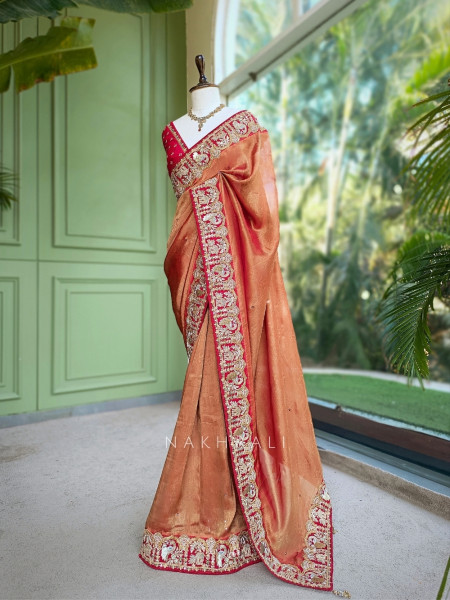 Noor-e-Aftab Orange Saree With Heritage Zardozi & Peacock Elephant Embroidery
