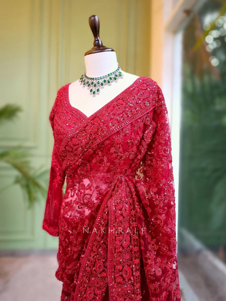 Scarlet Bloom Red Net Saree with Sequin and Stone Embroidery