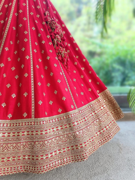 Zardozi Lattice Red Raw Silk & Soft Net Bridal Lehenga