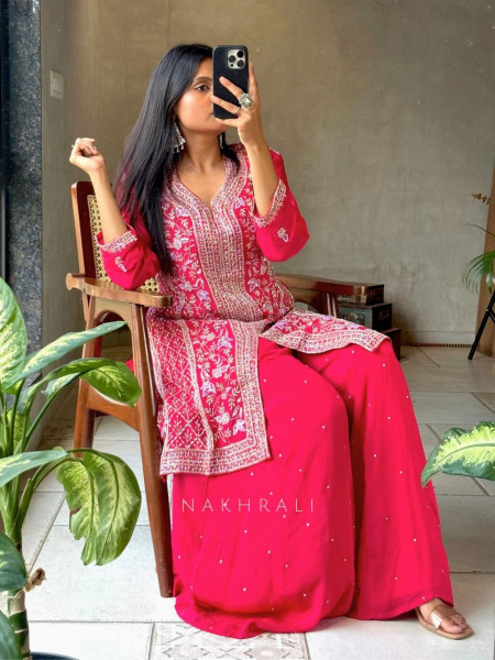 Shivi Magenta Palazzo Suit Set with Intricate Embroidery