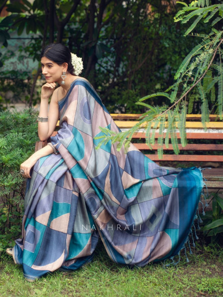 Nirvani Blue Silk Saree with Geometric Abstract Design