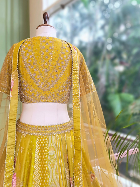 Gilded Fern Mehendi Green Banarasi Silk & Georgette Lehenga Choli