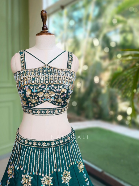 Cloverine Green Raw Silk Indo-Western Lehenga Set