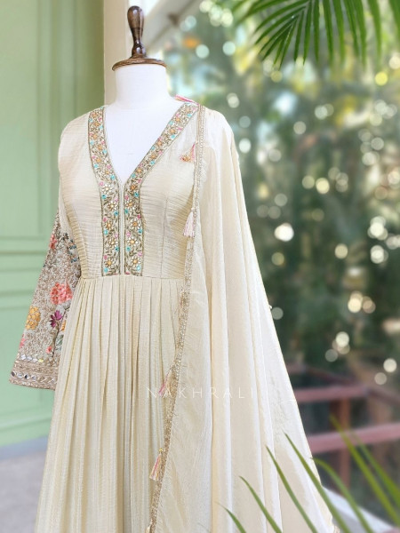 Niraya Cream Anarkali Set with Mirror, Sequin & Thread Embroidery