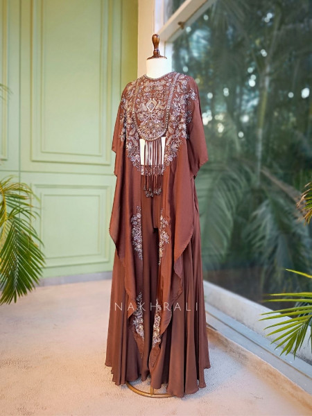 Mocha Veil Embroidered Crop Top Palazzo Set with Cape Jacket