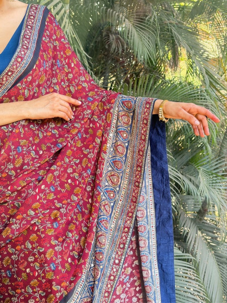 Maroon Floral Ajrak Modal Silk Saree