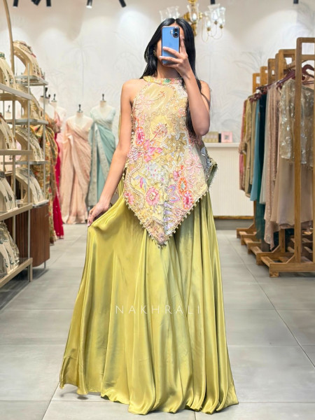 Floral Mehndi Green Indo-Western Palazzo Set with Sequin Work