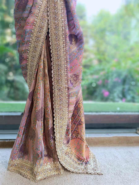 Resham Kyari Purple Crepe Silk Printed Saree