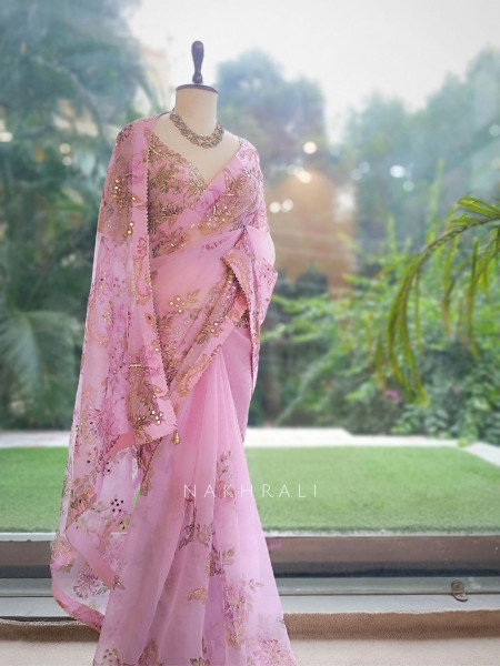 Petal Gleam Lavender Floral Silk Organza Saree