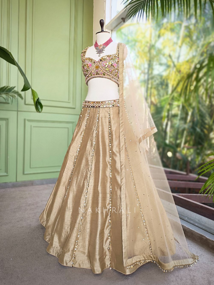 Image of Sorelle Sand Brown Lehenga Set with Sequin and Beads Work