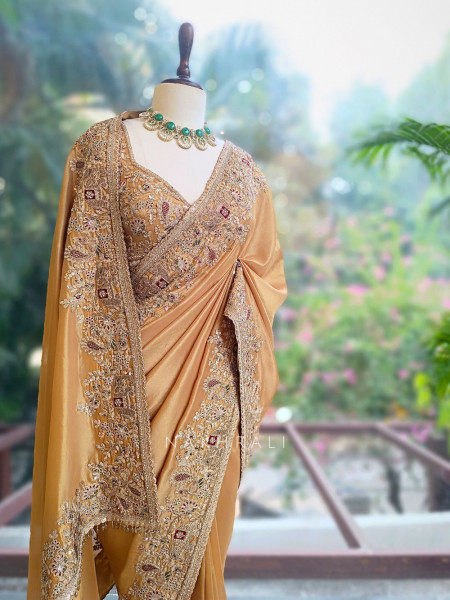 Ritvansh Mustard Saree with Embroidery and Readymade Embroidered Blouse