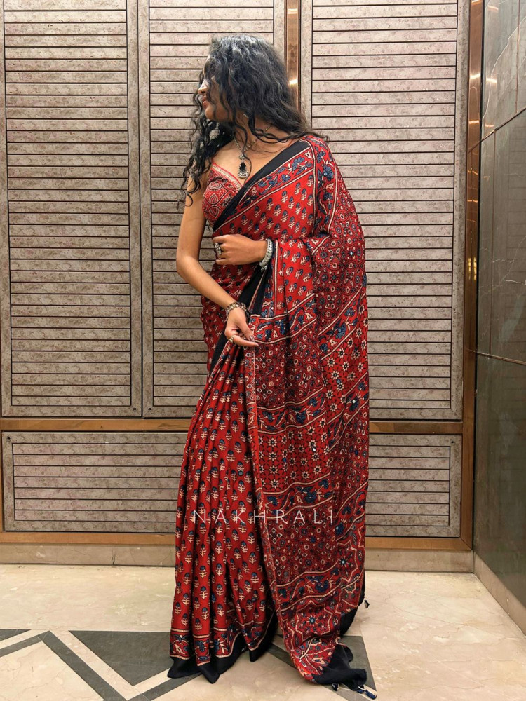 Image of Desi Diva Red Modal Printed Saree Collection