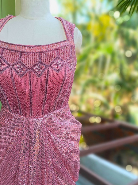 Eirene Pink Sequin Gown with Cut Dana Work and Frill Jacket