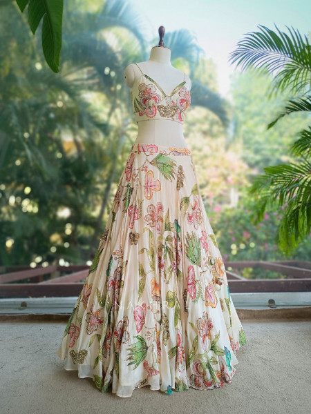Averelle Off-White Floral Indo-Western Lehenga with Sequin Embroidery