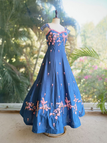 Elina Blue Silk Dress with Sequin Bead Work