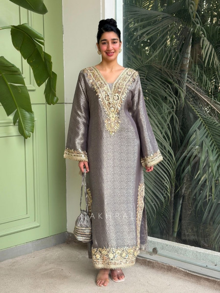 Kyra Grey Straight Dress with Mirror Zari Work