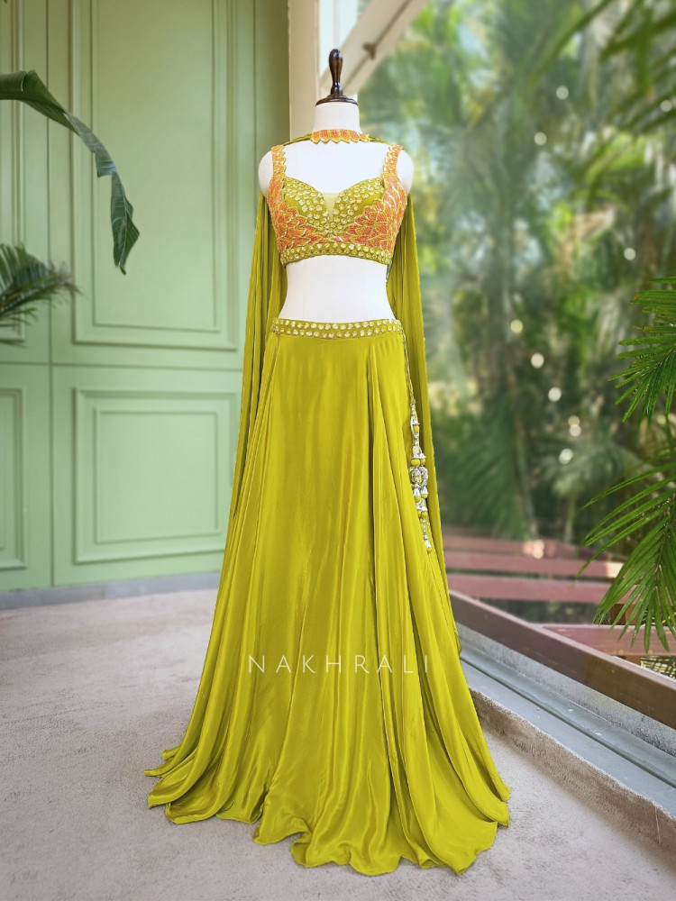 Image of Parrot Green Indo Western Drape Skirt Set with Floral Sequin Embellished Blouse