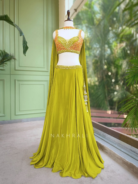 Parrot Green Indo Western Drape Skirt Set with Floral Sequin Embellished Blouse