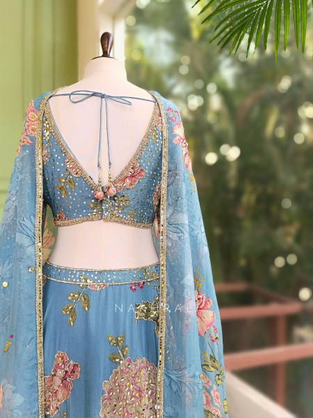Vihana Sky Blue Lehenga Set with Floral Print and Sequin Work