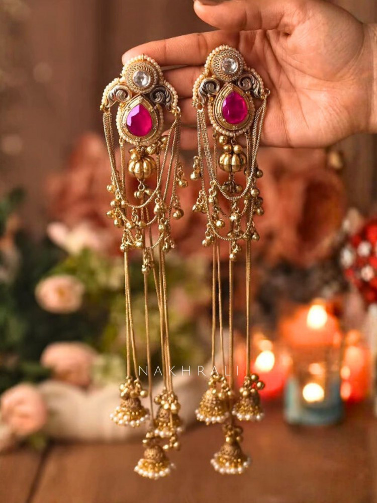 Image of Zehra Pink Stone Kashmiri Long Earrings