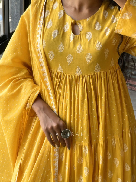 Mihira Yellow Cotton Anarkali Suit Set with Printed Dupatta