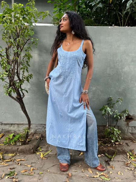 Sunbreeze Blue Cotton Chikankari Sleeveless Kurti with Embroidery