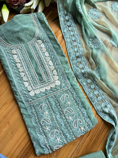 Avarna Sea green Pearl Beads Embroidered Dress Material