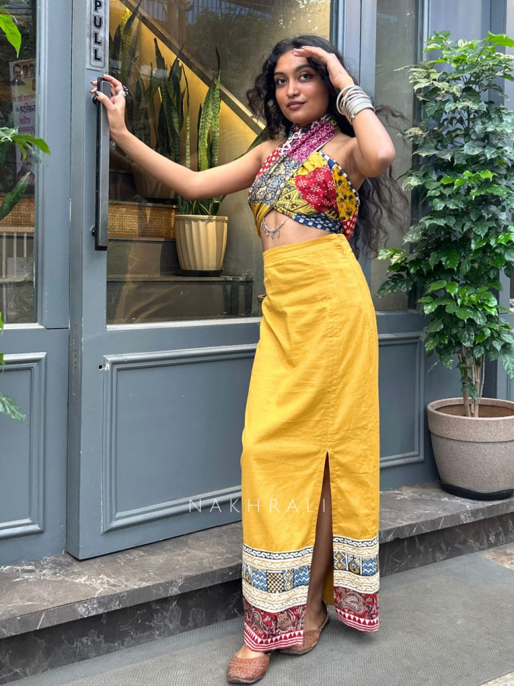 Image of Peetika Mustard Yellow – Slub CottonKalamkari &amp; Ajrakh-Inspired Border