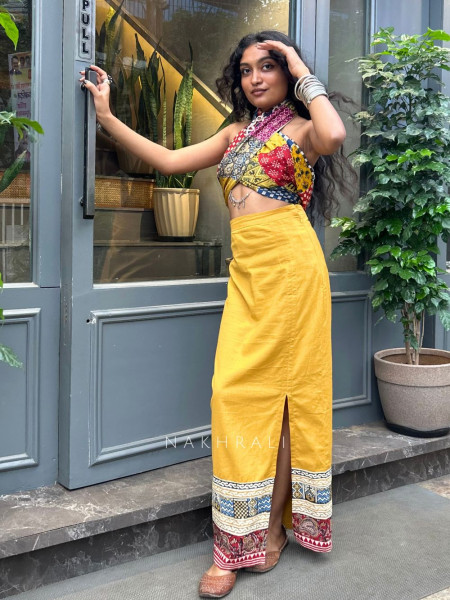 Peetika Mustard Yellow – Slub CottonKalamkari & Ajrakh-Inspired Border
