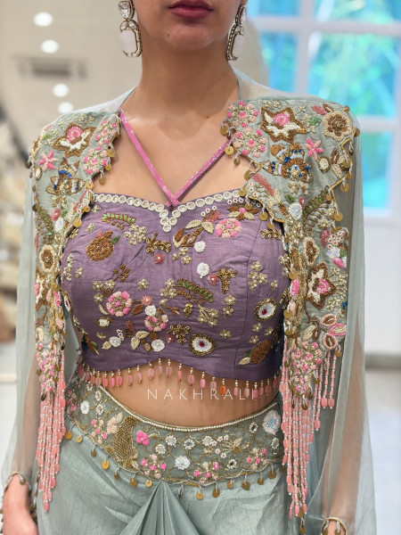 Vyomi Blue Indo Western Crop Top Skirt Set with Multicolor Embroidery