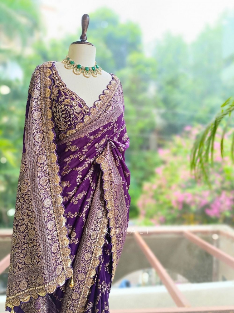 Image of Tarangini Purple Banarasi Silk Blend Saree with Readymade Blouse