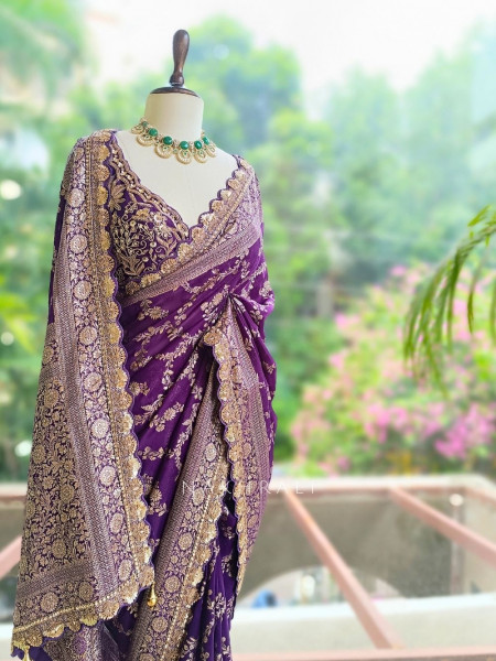 Tarangini Purple Banarasi Silk Blend Saree with Readymade Blouse