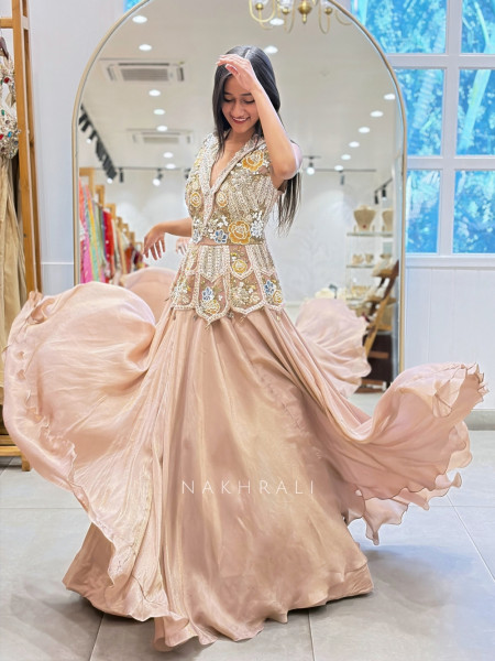 Linear Eden Peach Georgette & Tulle Net Lehenga