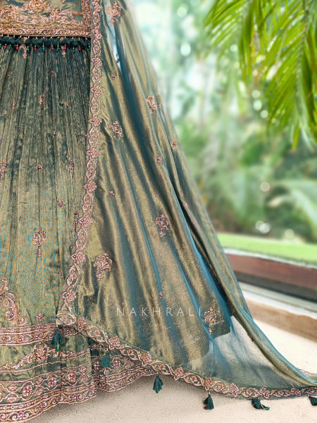 Twilight Moss Olive Green Metallic Tissue Silk Indo-Western Lehenga