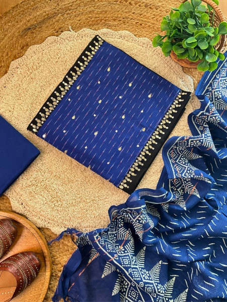 Mehira Blue Cotton Dress Material with Sequin Detailing