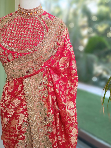 Kundan-Crested Red Banarasi Katan Silk Saree with Readymade Blouse