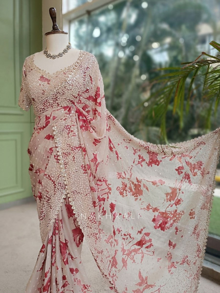 Scarlet Cream Saree with Floral Print & Heavy Embellished Readymade Blouse
